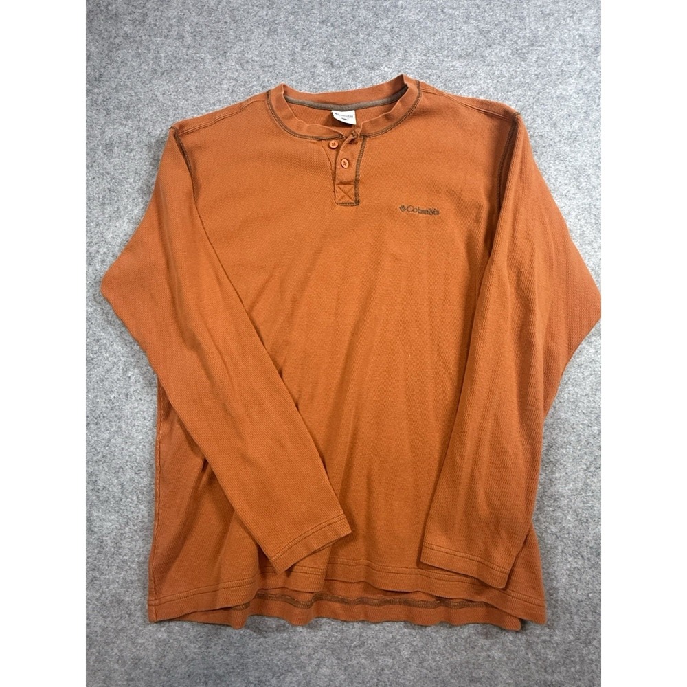 Columbia Mens XL Henley Thermal Shirt Burnt Orange Waffle Knit Long Sleeve